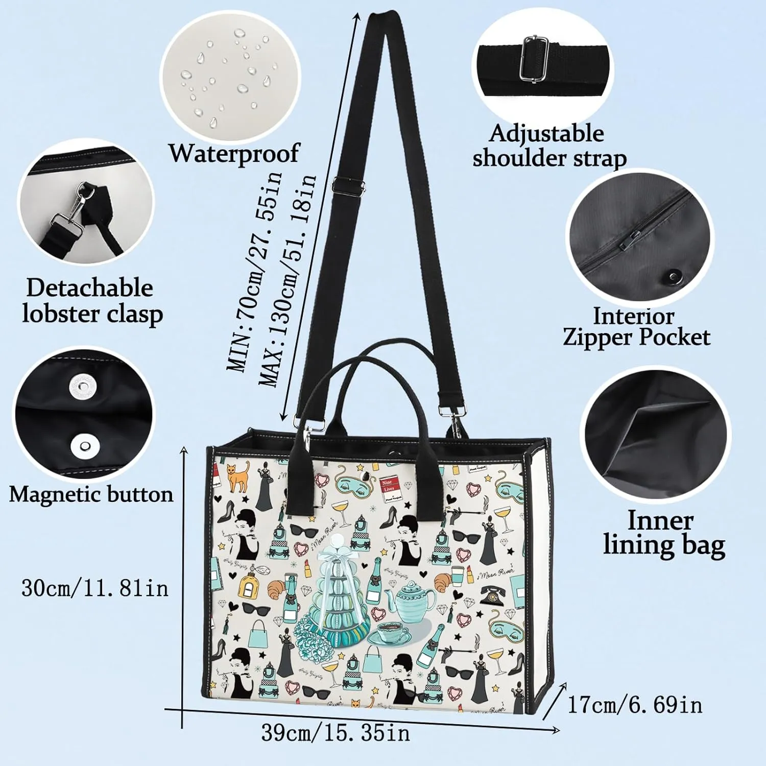 LEVLO Holly Golightly Cosmetic Makeup Bag - Unisex Adult - Light Black Cartoon Canvas Cosmetic Bag - 9.05 x 6.69 x 0.3 inches - Zipper Closure - Makeup, Travel, Gift