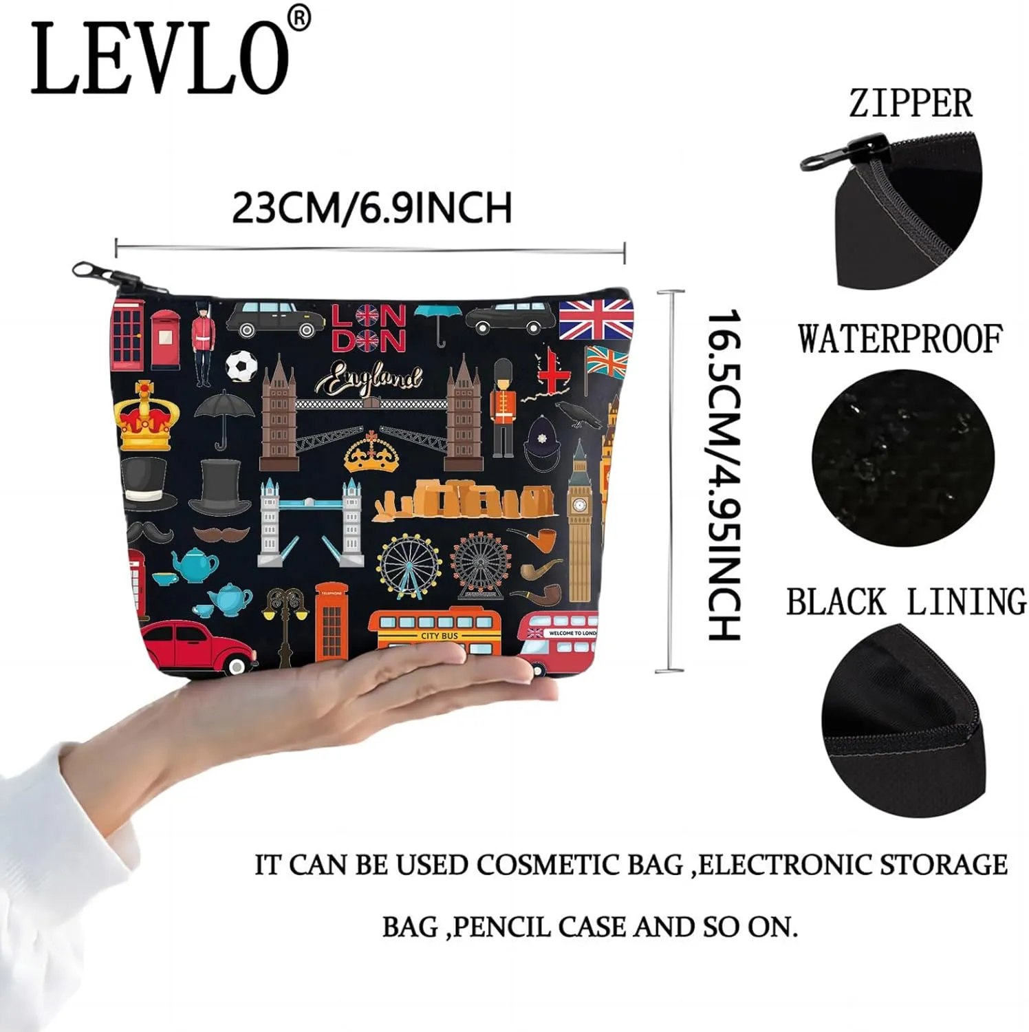 LEVLO London Travel Gift British Theme Cosmetic Bag England Souvenir Gift United Kingdom Make Up Zipper Pouch Bag (London Black)