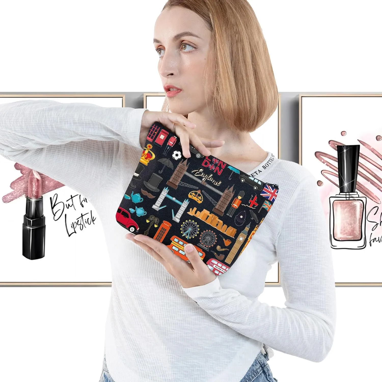 LEVLO London Travel Gift British Theme Cosmetic Bag England Souvenir Gift United Kingdom Make Up Zipper Pouch Bag (London Black)
