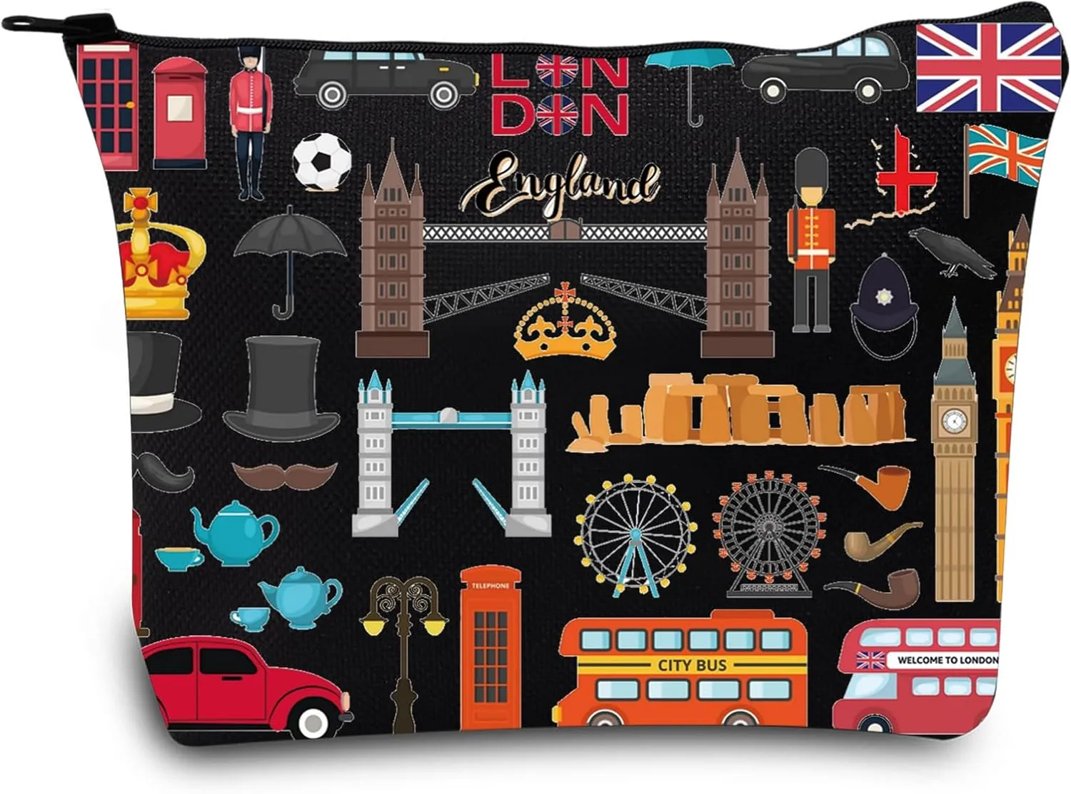 LEVLO London Travel Gift British Theme Cosmetic Bag England Souvenir Gift United Kingdom Make Up Zipper Pouch Bag (London Black)