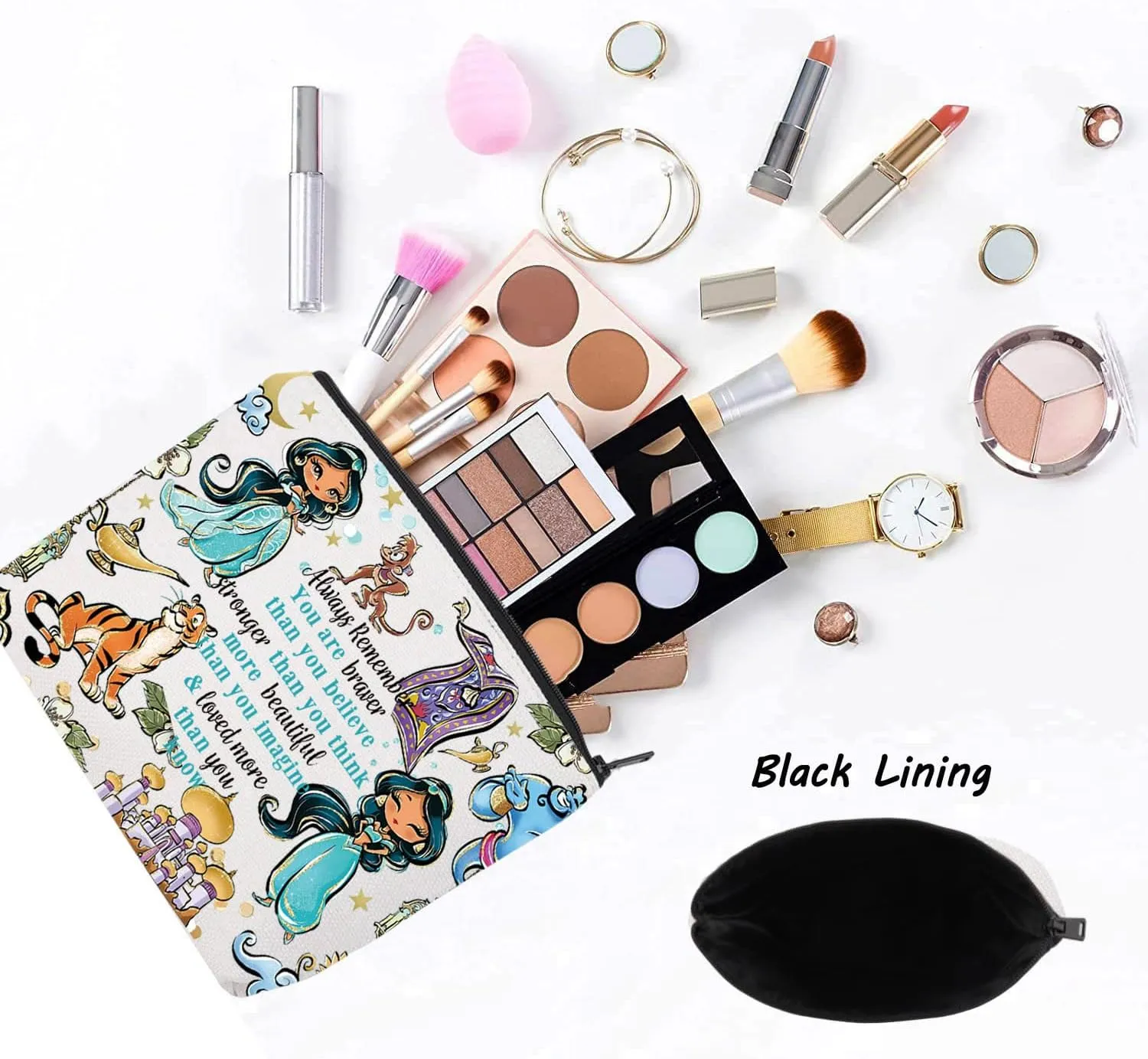 LEVLO Princess Arab Cosmetic Make Up Bag Fairy Tales Fans Gift You Are Braver Stronger Smarter Than You Think Princess Zipper Pouch Bag For Movie Fans (Always Jasm)