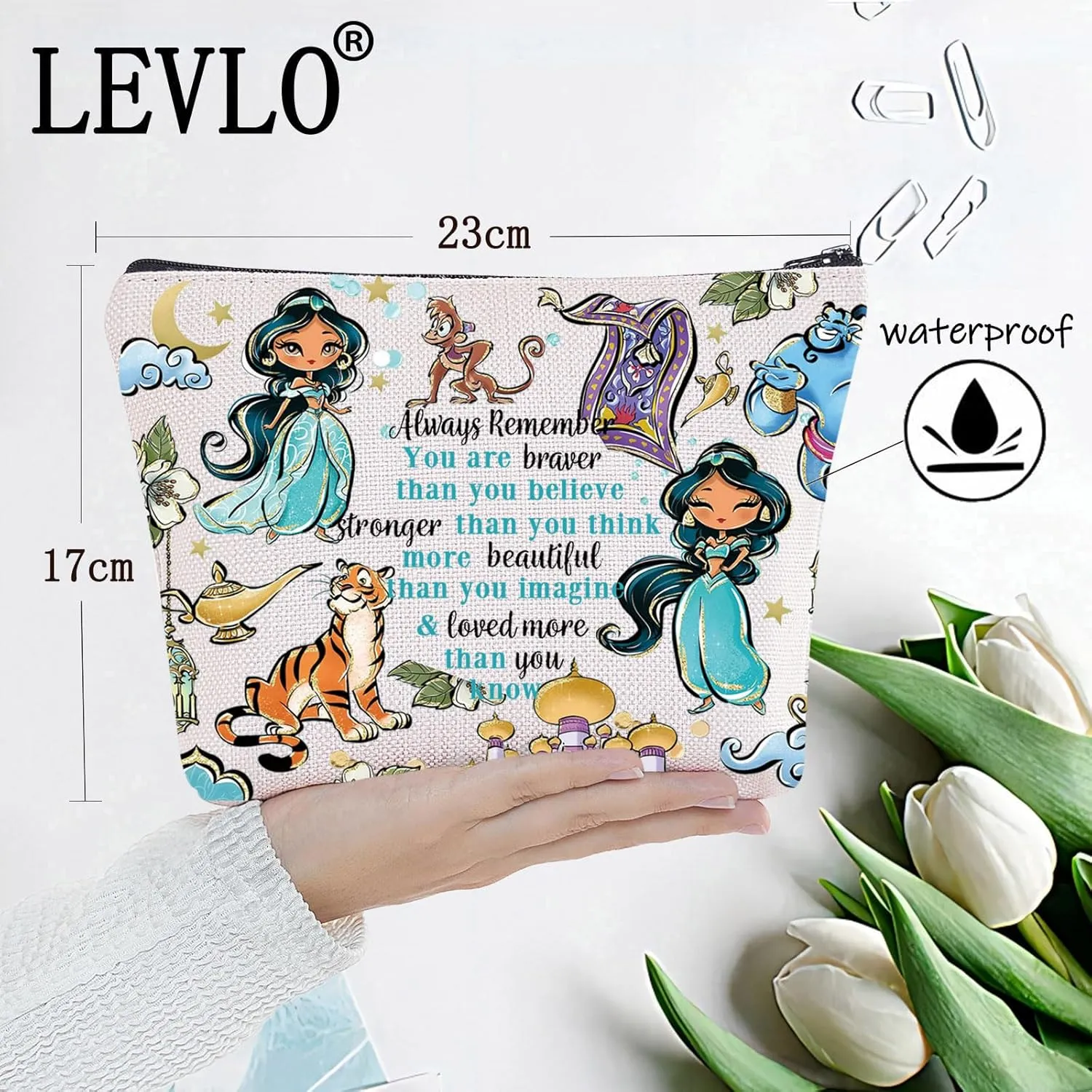 LEVLO Princess Arab Cosmetic Make Up Bag Fairy Tales Fans Gift You Are Braver Stronger Smarter Than You Think Princess Zipper Pouch Bag For Movie Fans (Always Jasm)