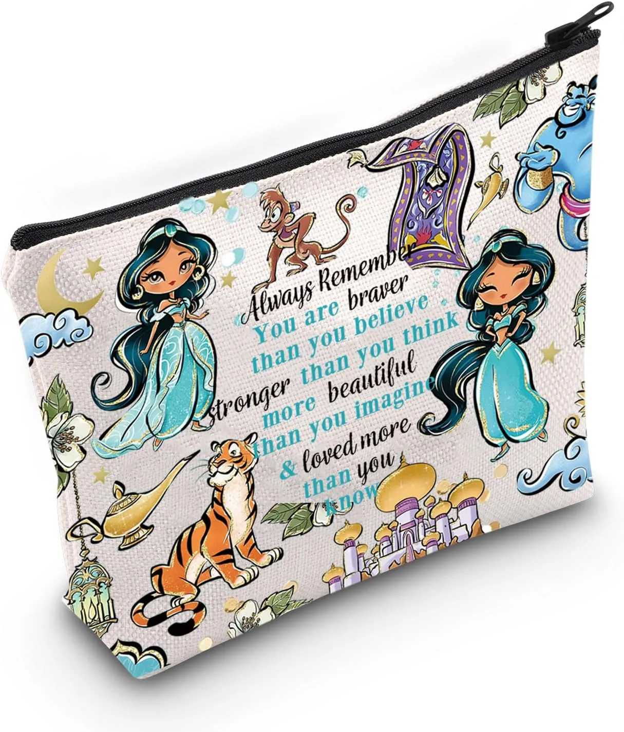 LEVLO Princess Arab Cosmetic Make Up Bag Fairy Tales Fans Gift You Are Braver Stronger Smarter Than You Think Princess Zipper Pouch Bag For Movie Fans (Always Jasm)