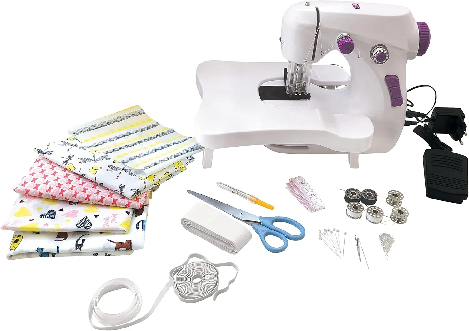 LEXiBOOK, The Sewing Workshop, Sewing Machine, 5 Fabric Coupons & Accessories Included, White/Purple, SW200