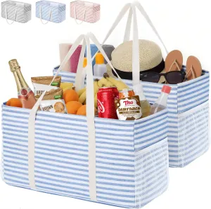 Lifewit Extra Large Tote Bag, Reusable Grocery Bags with Metal Wire Frame and Handles, Standing Utility Foldable Shopping Bags for Storage, Picnics, Beach, Pool, Laundry, Car, Camping, 2 Packs, Blue
