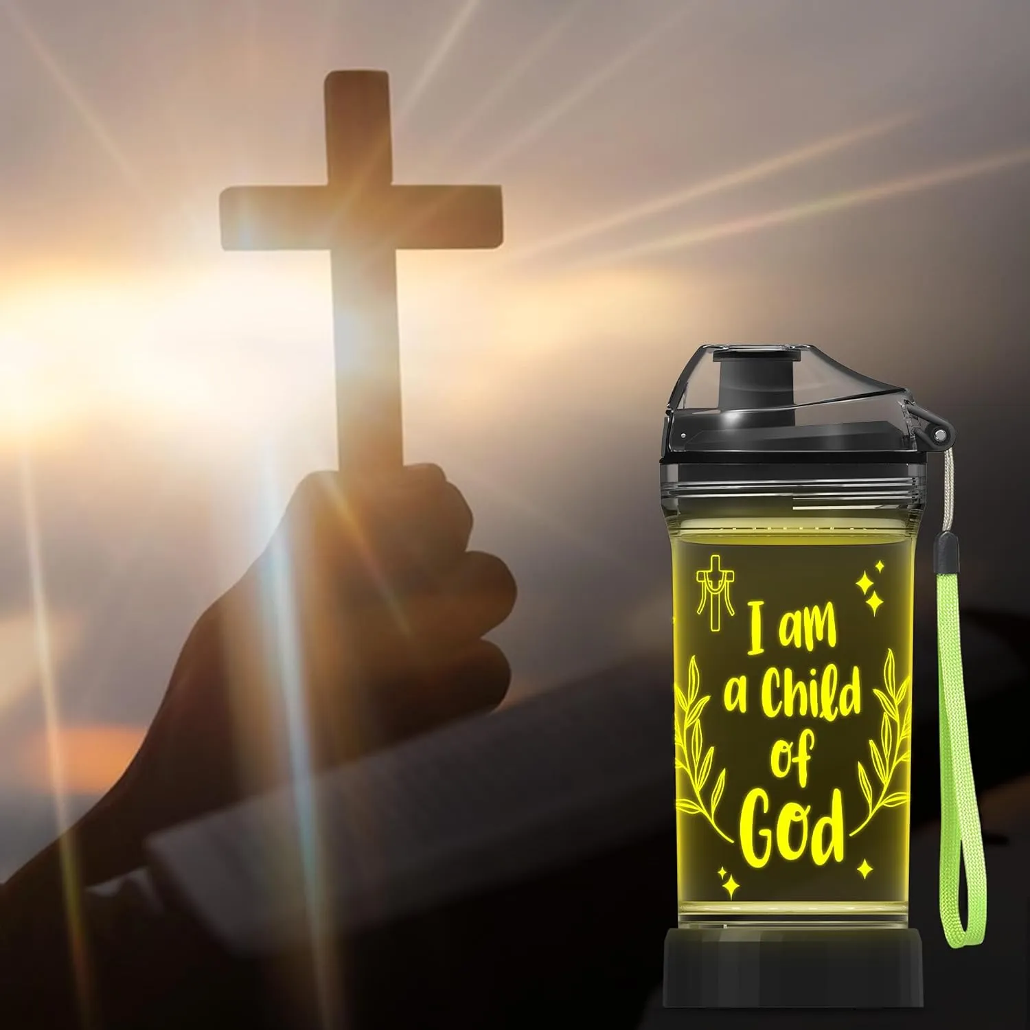 Light-Up Water Bottle with 'I am a Child of God' Design - 14oz Drink Cup, BPA-Free - Ideal Baptism Gift for Christians, Women, Girls, Boys, and Kids