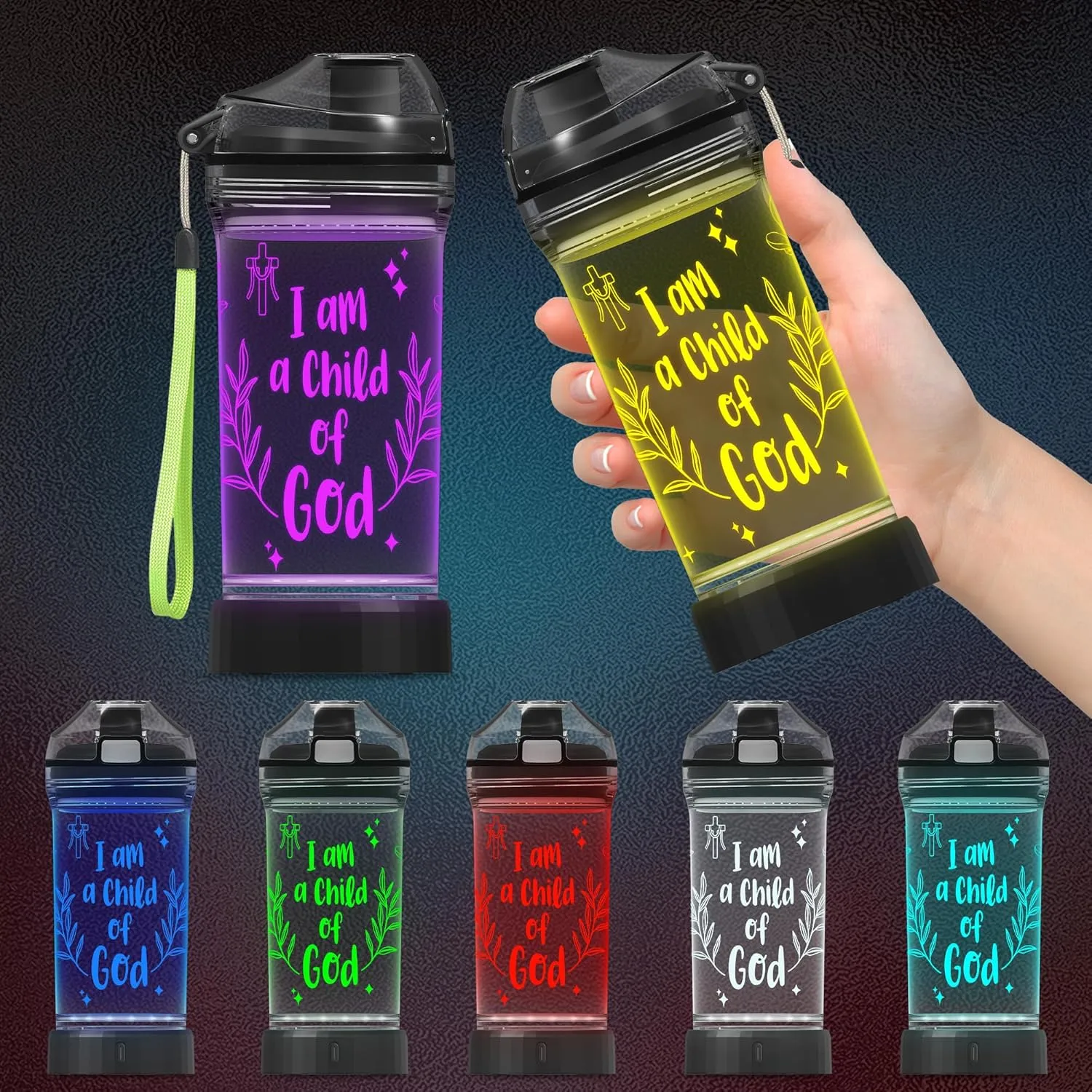 Light-Up Water Bottle with 'I am a Child of God' Design - 14oz Drink Cup, BPA-Free - Ideal Baptism Gift for Christians, Women, Girls, Boys, and Kids