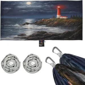 Lighthouse Camping Hammock, Single Portable Hammocks with Tree Straps & Attached Carry Bag, 330Lbs Capacity Perfect for Outside Indoor Hiking Beach Backpack Travel