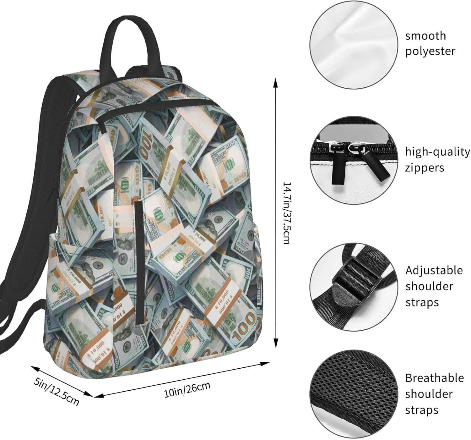 Lightweight Casual Laptop Backpack for Men and Women money american bill dollar Bookbag for College