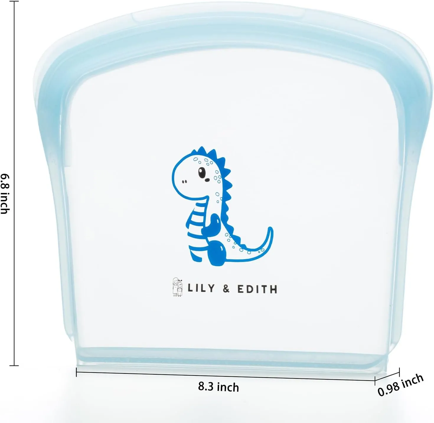 LILY & EDITH Reusable Silicone Bag for Snack/Lunch - Leakproof, Airtight, Dishwasher & Microwave & Freezer Safe, Sous Vide, Lightweight, Portable, Multi-functional (Blue Dino, 800ml)