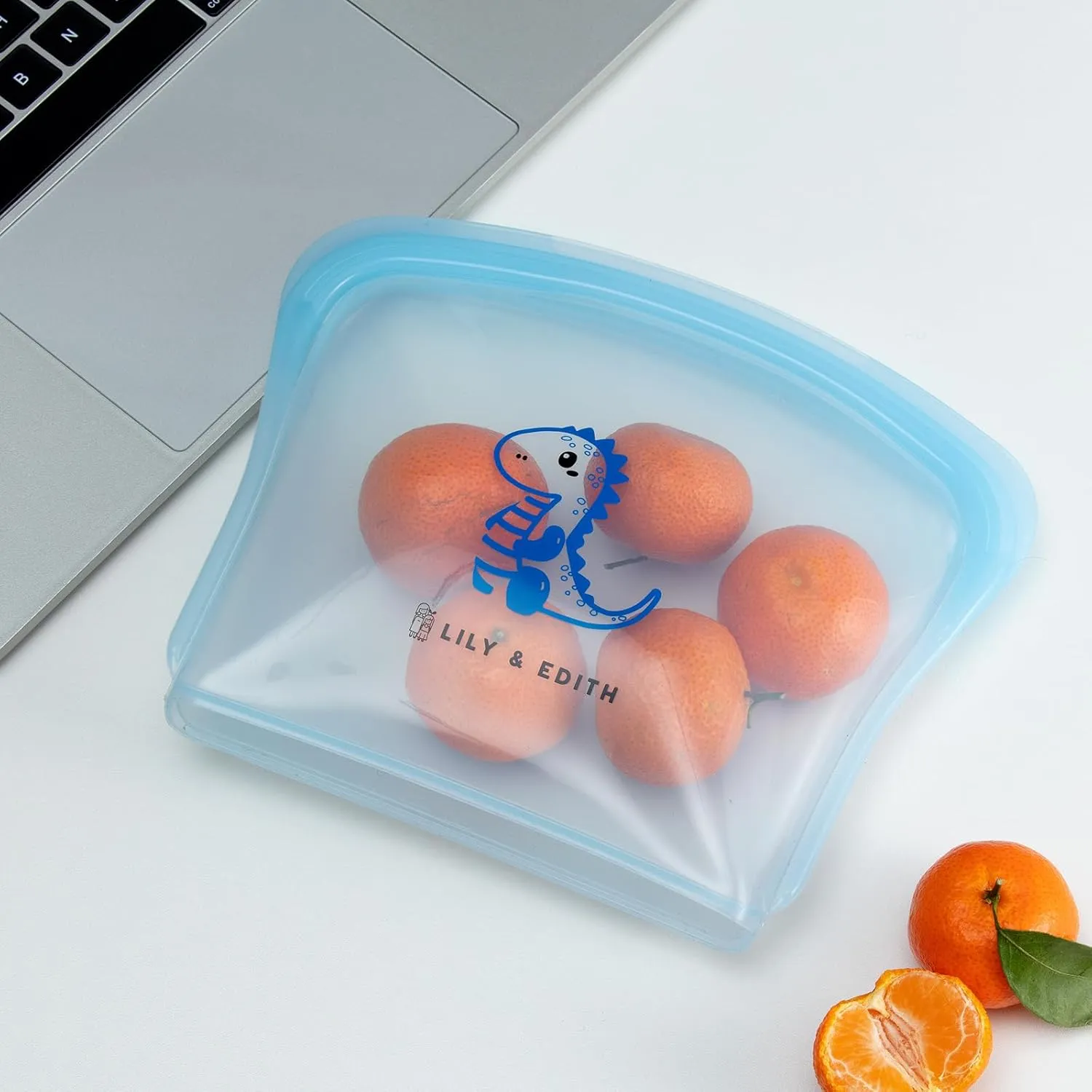 LILY & EDITH Reusable Silicone Bag for Snack/Lunch - Leakproof, Airtight, Dishwasher & Microwave & Freezer Safe, Sous Vide, Lightweight, Portable, Multi-functional (Blue Dino, 800ml)