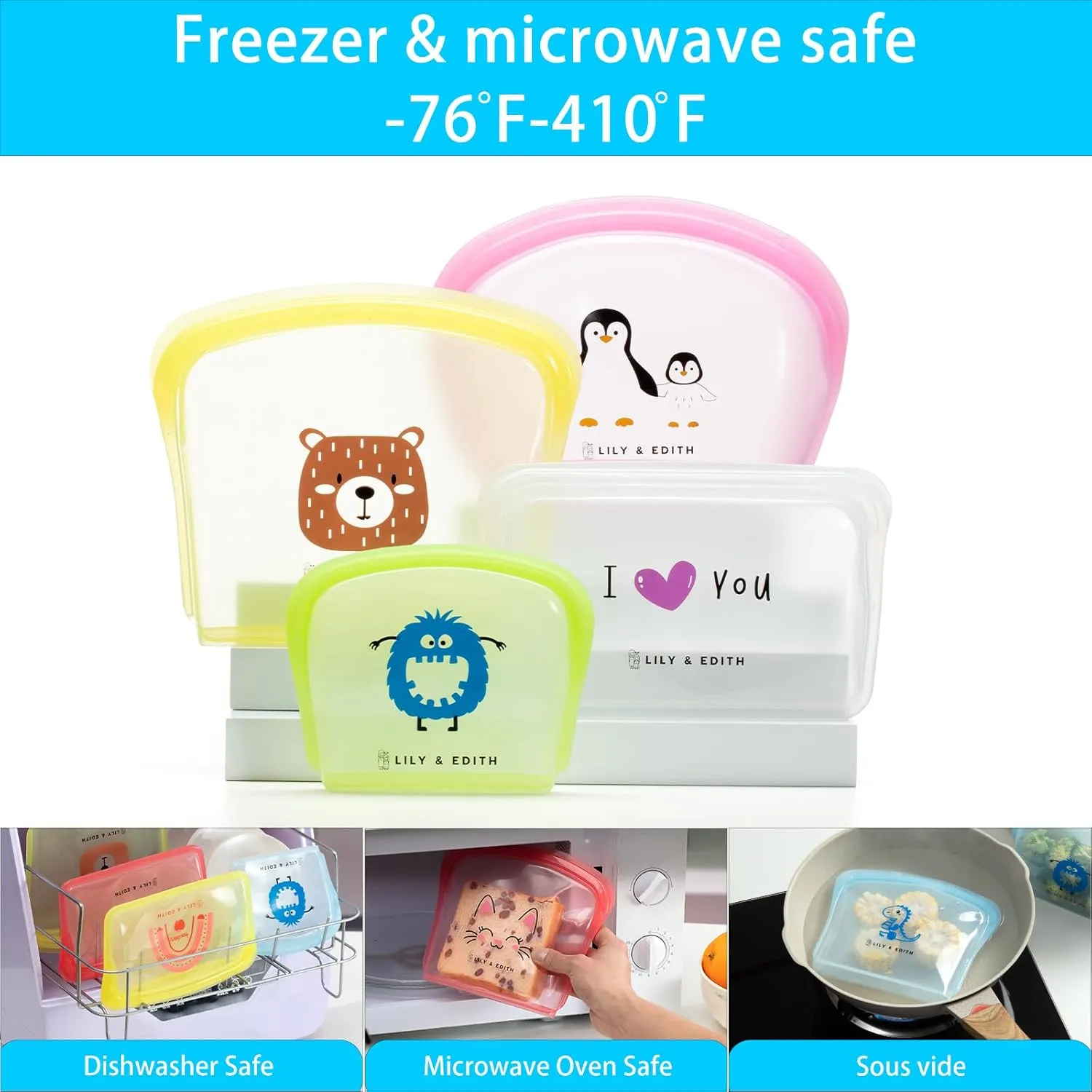 LILY & EDITH Reusable Silicone Bag for Snack/Lunch - Leakproof, Airtight, Dishwasher & Microwave & Freezer Safe, Sous Vide, Lightweight, Portable, Multi-functional (Blue Dino, 800ml)