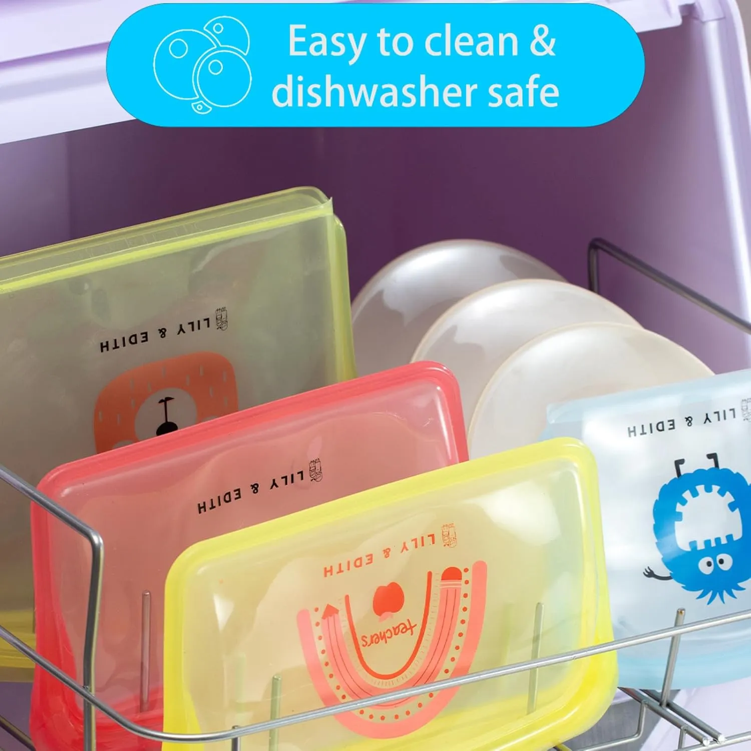 LILY & EDITH Reusable Silicone Bag for Snack/Lunch - Leakproof, Airtight, Dishwasher & Microwave & Freezer Safe, Sous Vide, Lightweight, Portable, Multi-functional (Blue Dino, 800ml)