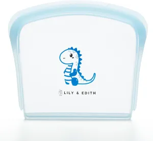 LILY & EDITH Reusable Silicone Bag for Snack/Lunch - Leakproof, Airtight, Dishwasher & Microwave & Freezer Safe, Sous Vide, Lightweight, Portable, Multi-functional (Blue Dino, 800ml)