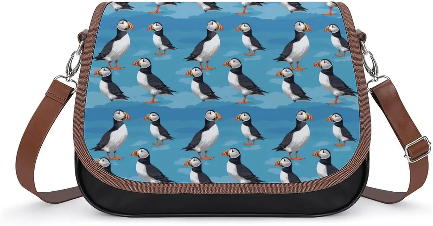 Little Puffins Blue Funny Women's Crossbody Bags Novelty Leather Purse Handbag Shoulder Bag