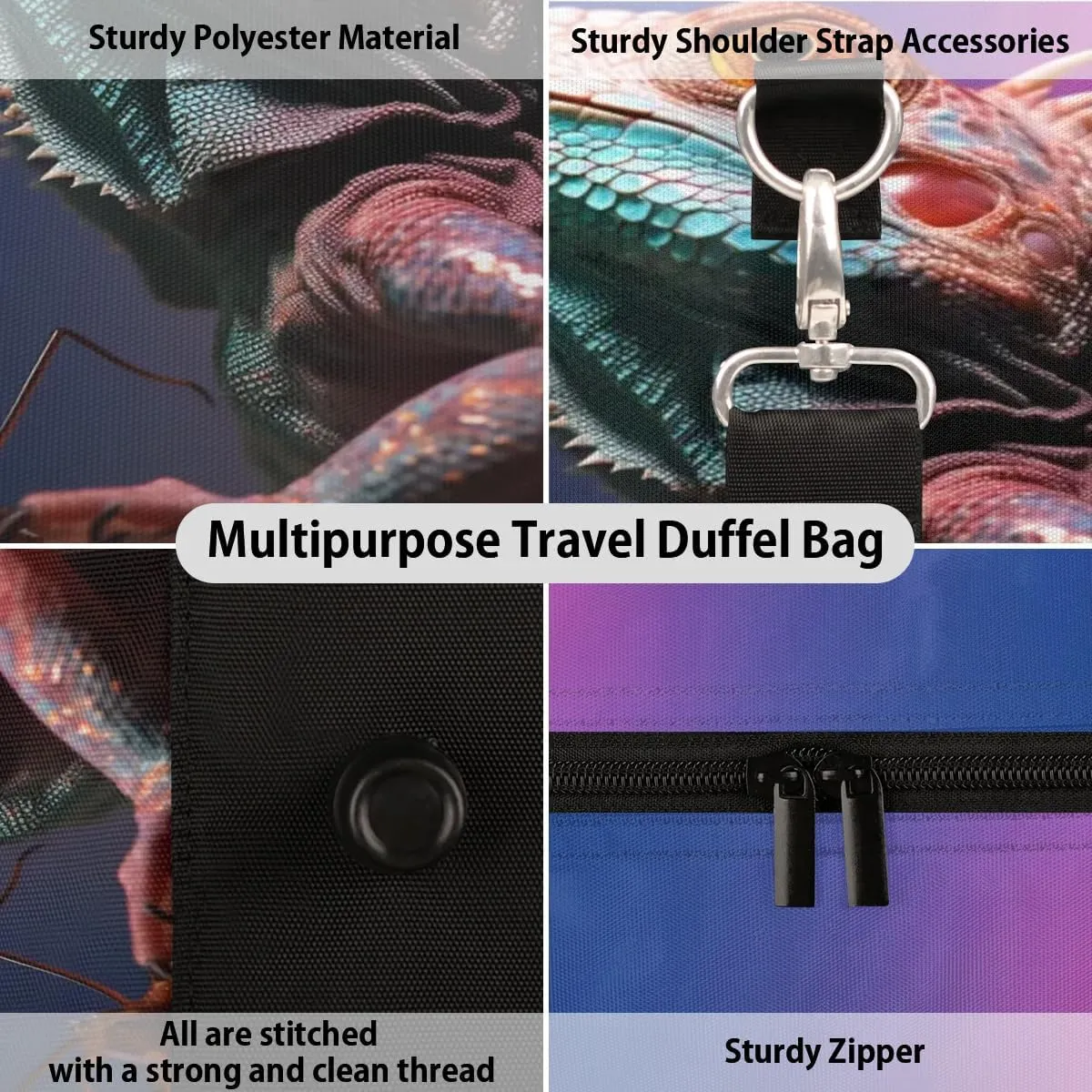 Lizard Printing Travel Duffel Bag for Women Men Waterproof Foldable Overnight Weekender Bag Large Capacity Sports Gym Bag