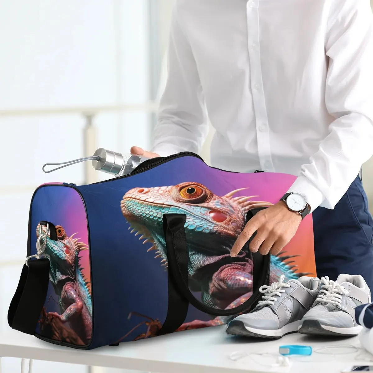Lizard Printing Travel Duffel Bag for Women Men Waterproof Foldable Overnight Weekender Bag Large Capacity Sports Gym Bag