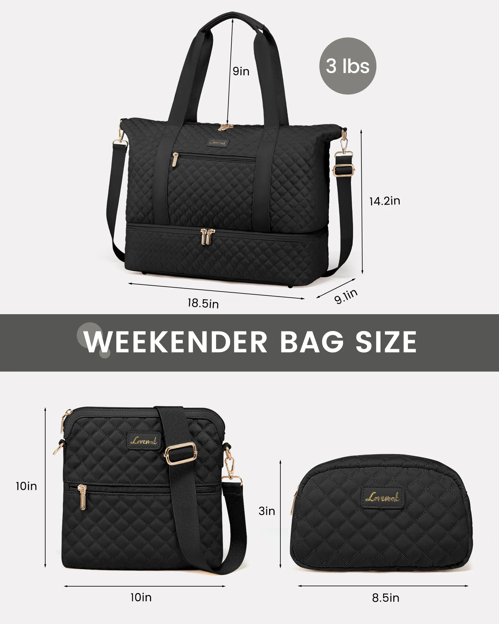 Lovevook Multipurpose 3-Piece Black Travel Set for Weekend & Overnight Trips