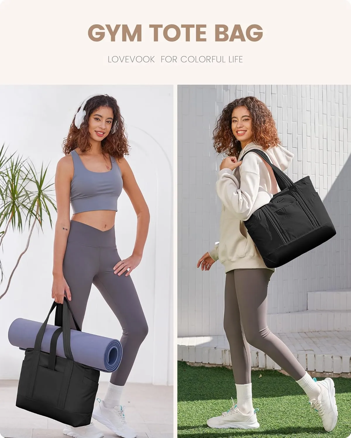 LOVEVOOK Tote Bag for Women,Lightweight Gym Tote Bag with Zipper,Work Tote with Laptop Pocket,Nurse Dance Yoga Bag for Travel