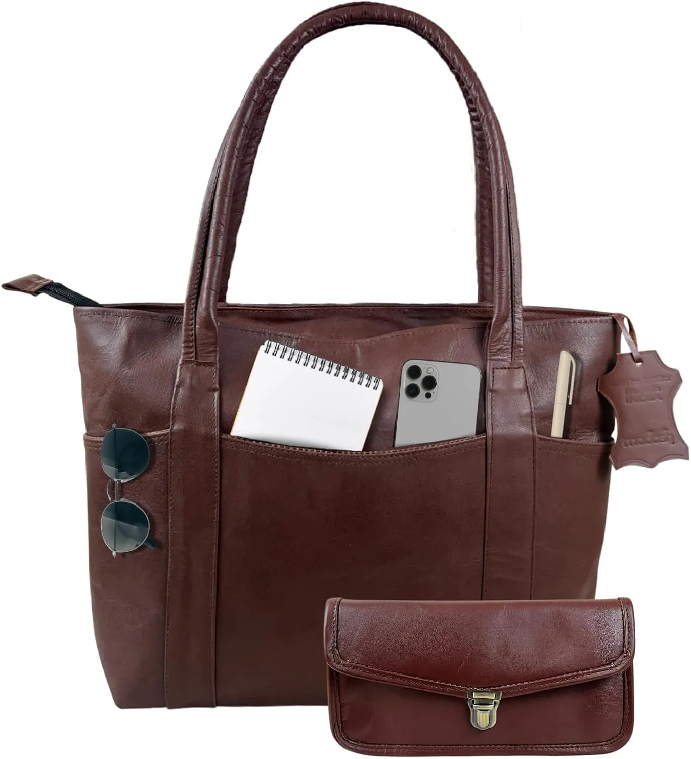 Madosh Vintage Womens Shoulder Handbag Genuine Leather Brown Tote Everyday Purse With Clutch