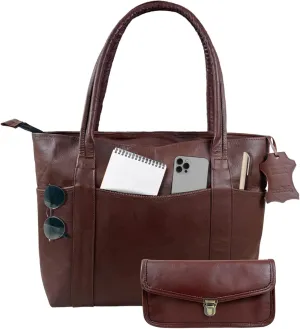 Madosh Vintage Womens Shoulder Handbag Genuine Leather Brown Tote Everyday Purse With Clutch