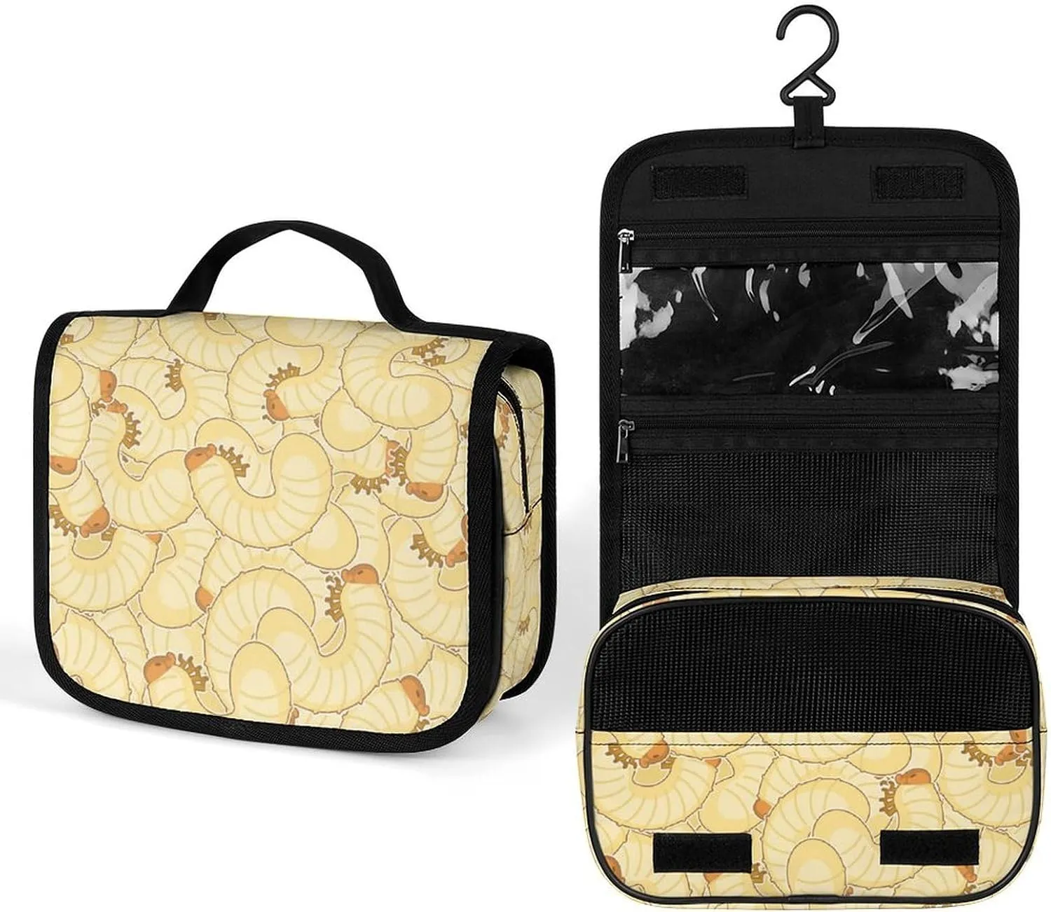 Maggot Beetle Larva Travel Toiletry Bag Full Print Wash Makeup Bag Portable Cosmetic Organizer with Hook Handbag, 22.5x18.5cm, style, 202402239