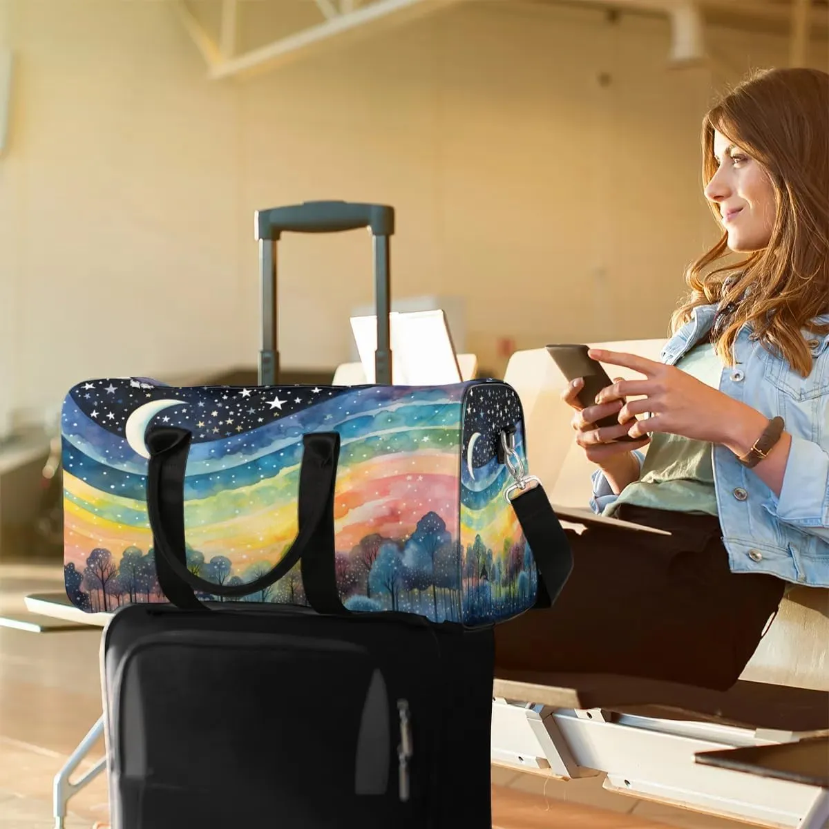 Magic Forest Painting Travel Duffel Bag for Women Men Waterproof Foldable Overnight Weekender Bag Large Capacity Sports Gym Bag