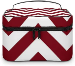 Makeup Bag, Burgundy and White Large Chevron ZigZag Pattern Travel Cosmetic Bag Makeup Organizer Case Large Capacity Portable Zipper Toiletry Bag for Women