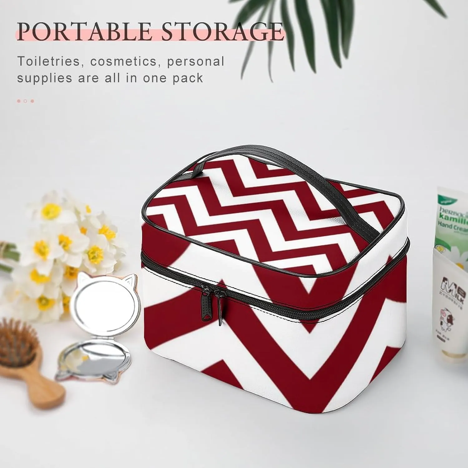 Makeup Bag, Burgundy and White Large Chevron ZigZag Pattern Travel Cosmetic Bag Makeup Organizer Case Large Capacity Portable Zipper Toiletry Bag for Women