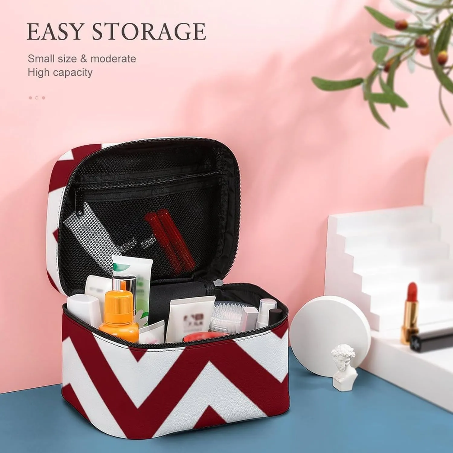 Makeup Bag, Burgundy and White Large Chevron ZigZag Pattern Travel Cosmetic Bag Makeup Organizer Case Large Capacity Portable Zipper Toiletry Bag for Women