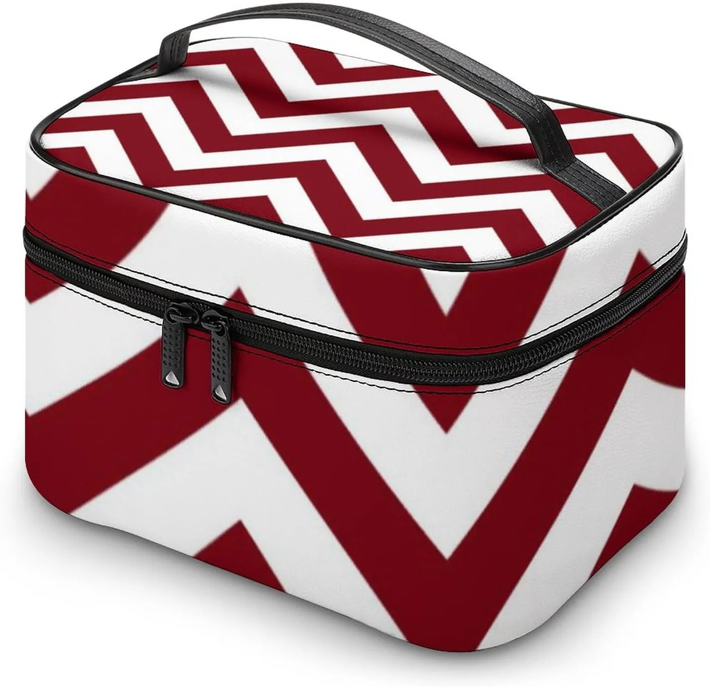 Makeup Bag, Burgundy and White Large Chevron ZigZag Pattern Travel Cosmetic Bag Makeup Organizer Case Large Capacity Portable Zipper Toiletry Bag for Women
