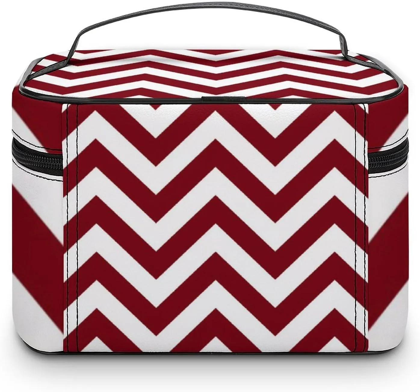 Makeup Bag, Burgundy and White Large Chevron ZigZag Pattern Travel Cosmetic Bag Makeup Organizer Case Large Capacity Portable Zipper Toiletry Bag for Women