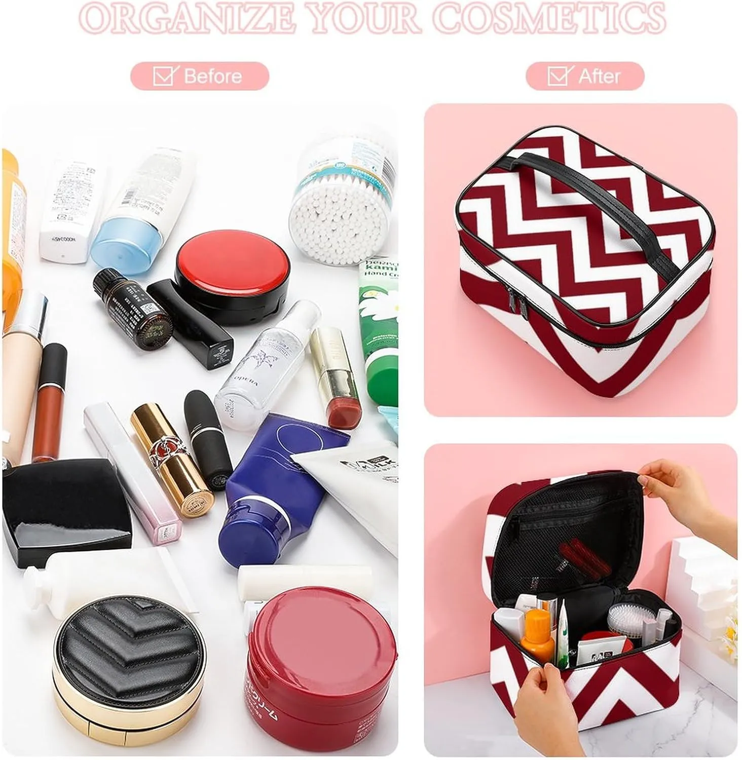 Makeup Bag, Burgundy and White Large Chevron ZigZag Pattern Travel Cosmetic Bag Makeup Organizer Case Large Capacity Portable Zipper Toiletry Bag for Women