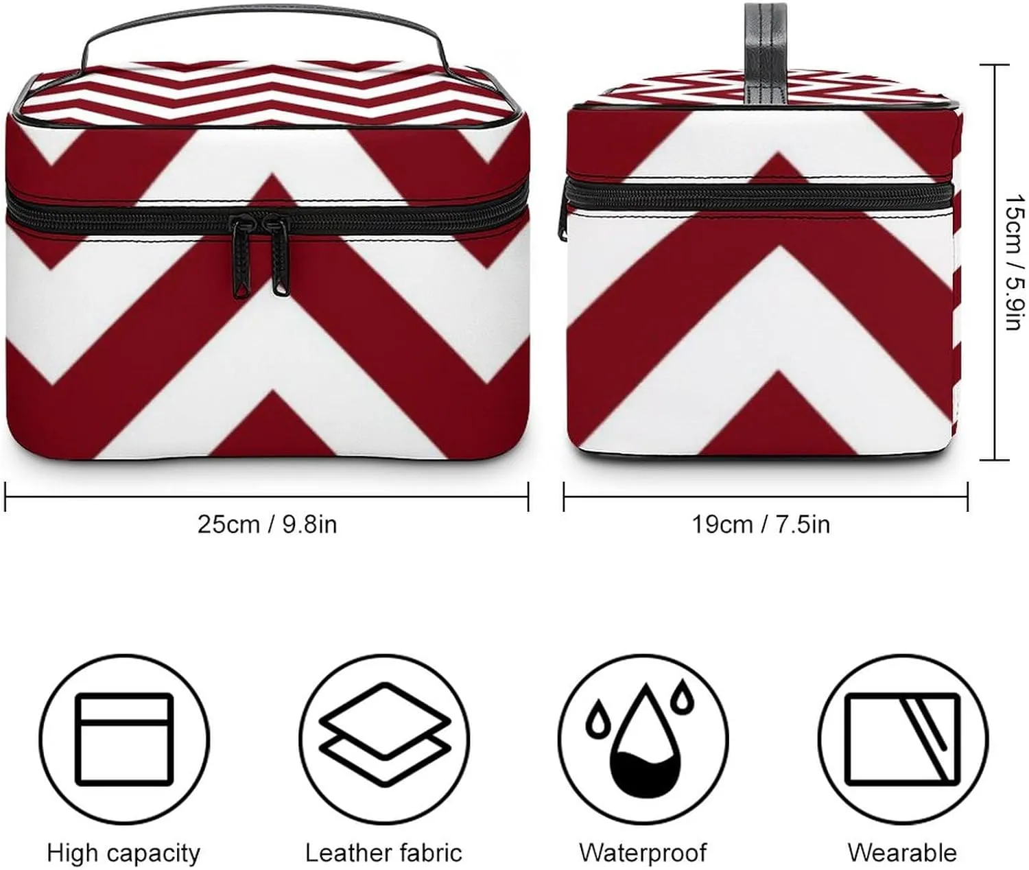 Makeup Bag, Burgundy and White Large Chevron ZigZag Pattern Travel Cosmetic Bag Makeup Organizer Case Large Capacity Portable Zipper Toiletry Bag for Women
