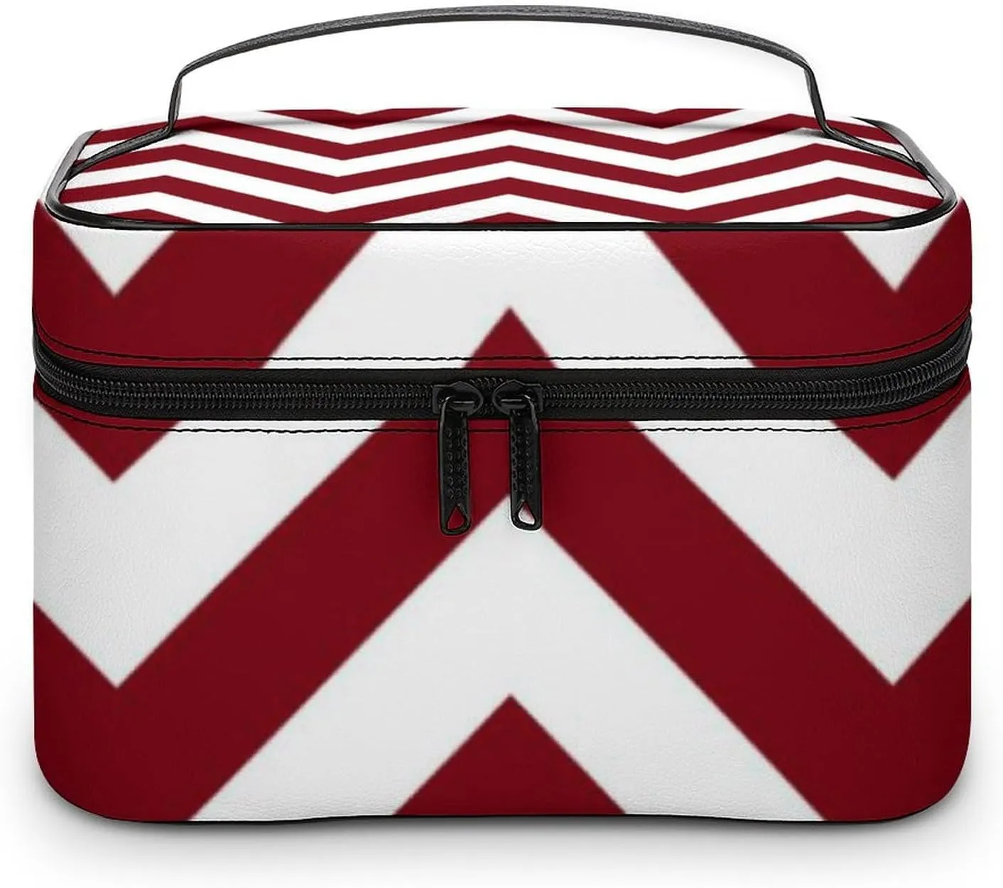 Makeup Bag, Burgundy and White Large Chevron ZigZag Pattern Travel Cosmetic Bag Makeup Organizer Case Large Capacity Portable Zipper Toiletry Bag for Women