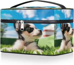 Makeup Bag Cosmetic Bags, Grassland Dog Large Capacity Travel Makeup Organizer Case, Puppy Portable Toiletry Bag for Women Makeup Brush Bag Storage Bag
