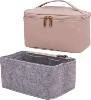 Makeup Bag with Felt Bag Organizer, Travel Portable Cosmetic Bag with Zipper Purse Organizer Insert, Waterproof Beauty Makeup Organizer for Women Girls, Khaki