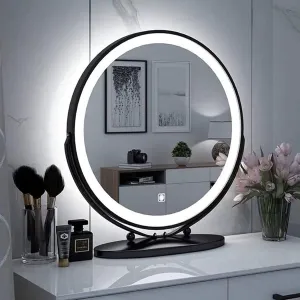 Makeup Mirror with Lights Round Large Cosmetic Mirror with 3 Color Lighting Modes and Touch Button Vanity Mirror with 360 Degree Swivel Large Tabletop Bathroom Shaving Mirro
