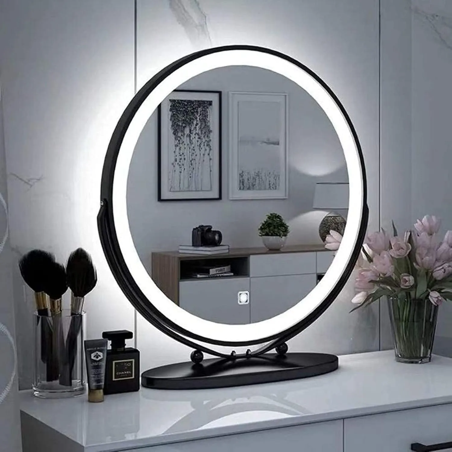 Makeup Mirror with Lights Round Large Cosmetic Mirror with 3 Color Lighting Modes and Touch Button Vanity Mirror with 360 Degree Swivel Large Tabletop Bathroom Shaving Mirro