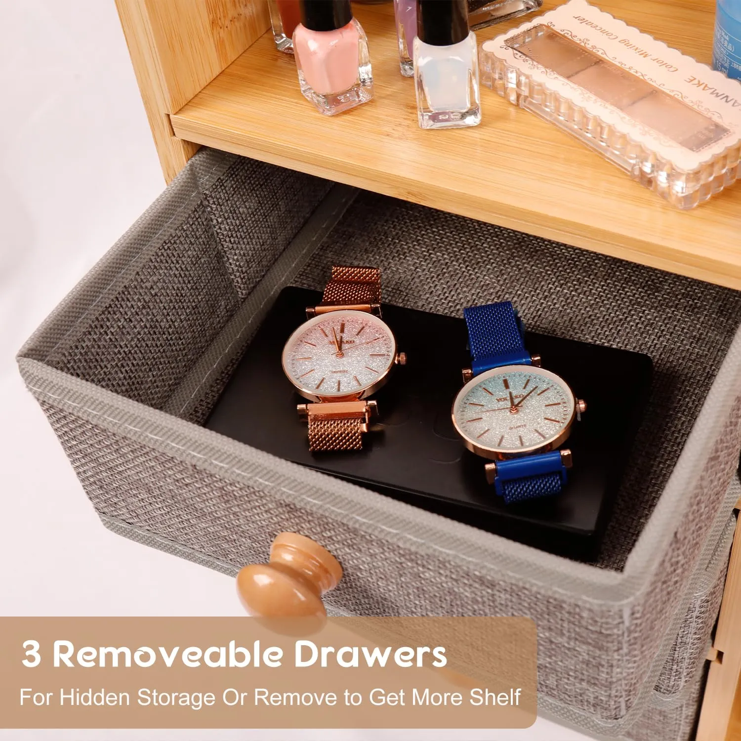 Makeup Organizer Countertop, Cosmetic Skincare Organizers With 3 Makeup Brush Holders/3 Drawers/7 Storage Shelves, Elegant Bamboo Make Up Storage Organizers Holder For Counter Vanity Dresser Bathroom