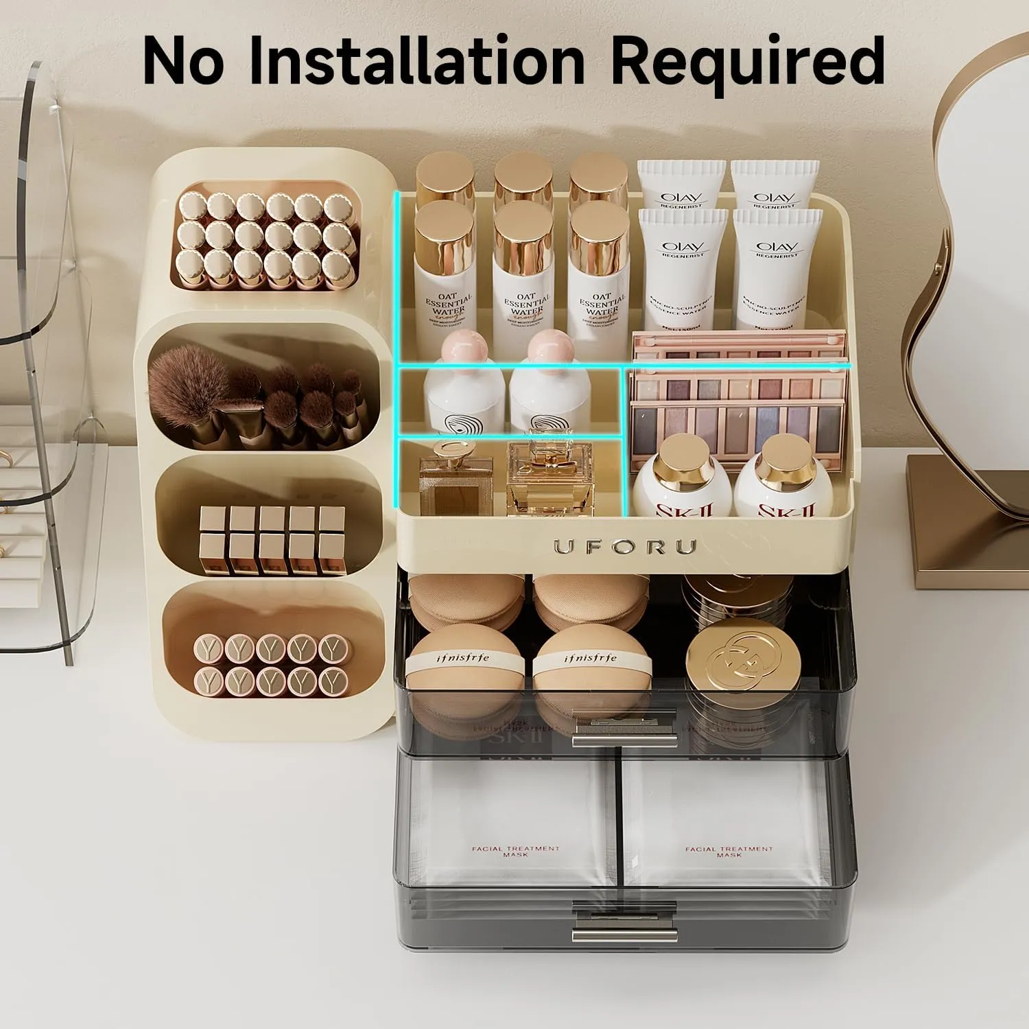 Makeup Organizer for Vanity, Countertop Organizer With Drawers, Spacious Cosmetic Display Case for Beauty Essential, Skincare, Lipstick, Cream White
