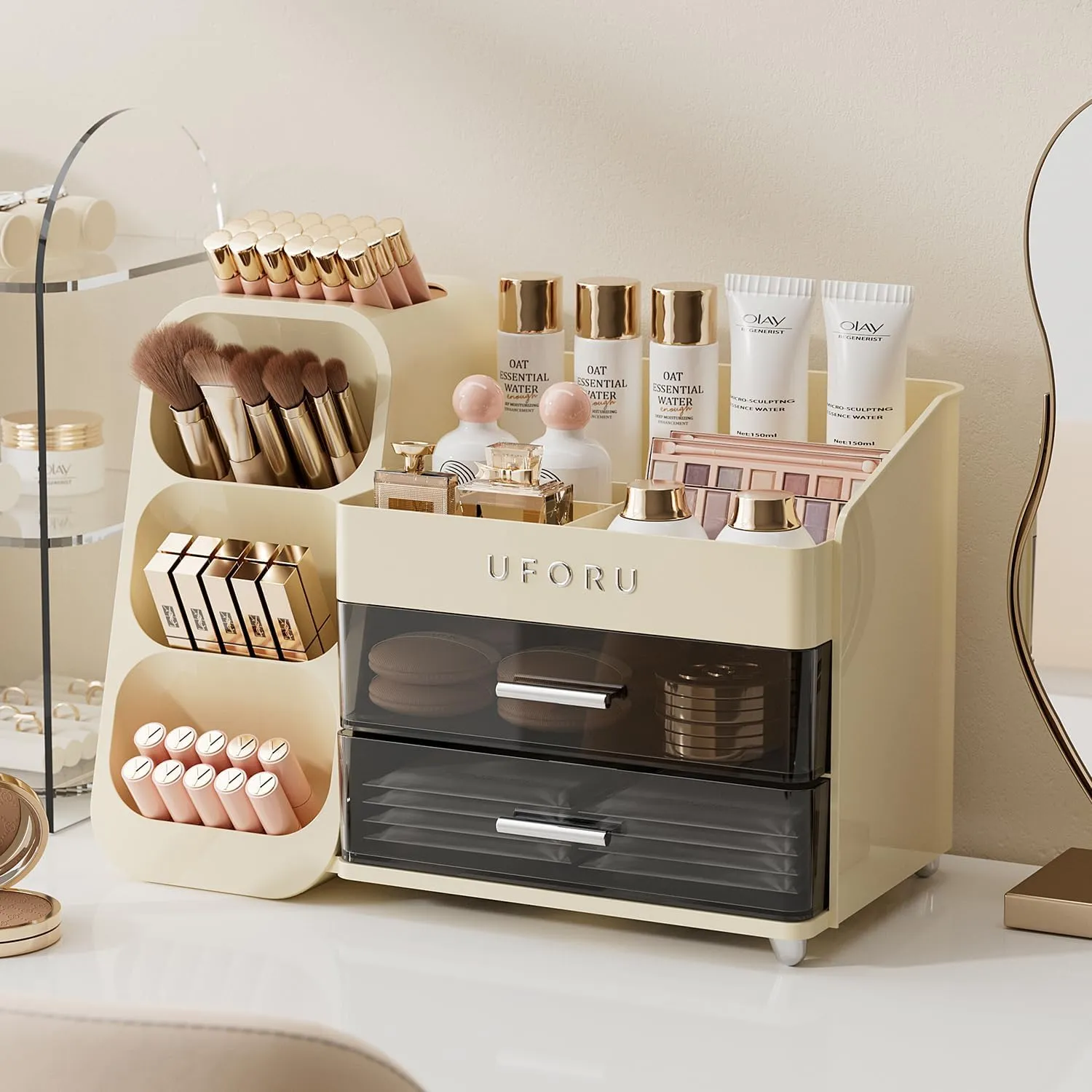 Makeup Organizer for Vanity, Countertop Organizer With Drawers, Spacious Cosmetic Display Case for Beauty Essential, Skincare, Lipstick, Cream White