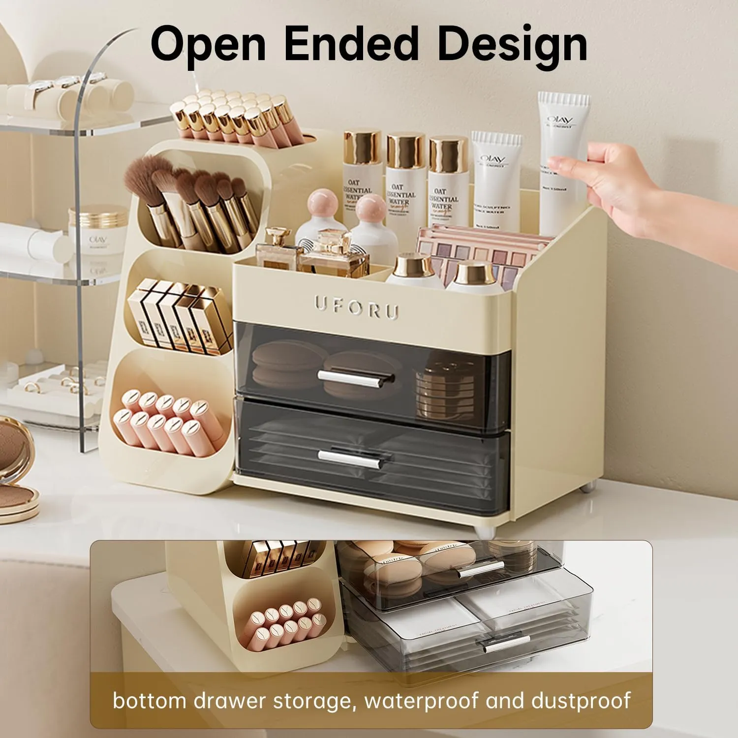 Makeup Organizer for Vanity, Countertop Organizer With Drawers, Spacious Cosmetic Display Case for Beauty Essential, Skincare, Lipstick, Cream White