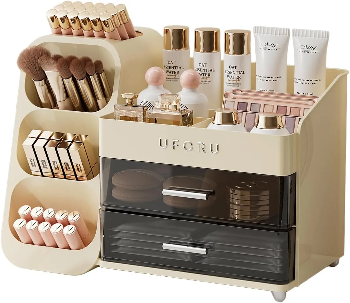 Makeup Organizer for Vanity, Countertop Organizer With Drawers, Spacious Cosmetic Display Case for Beauty Essential, Skincare, Lipstick, Cream White