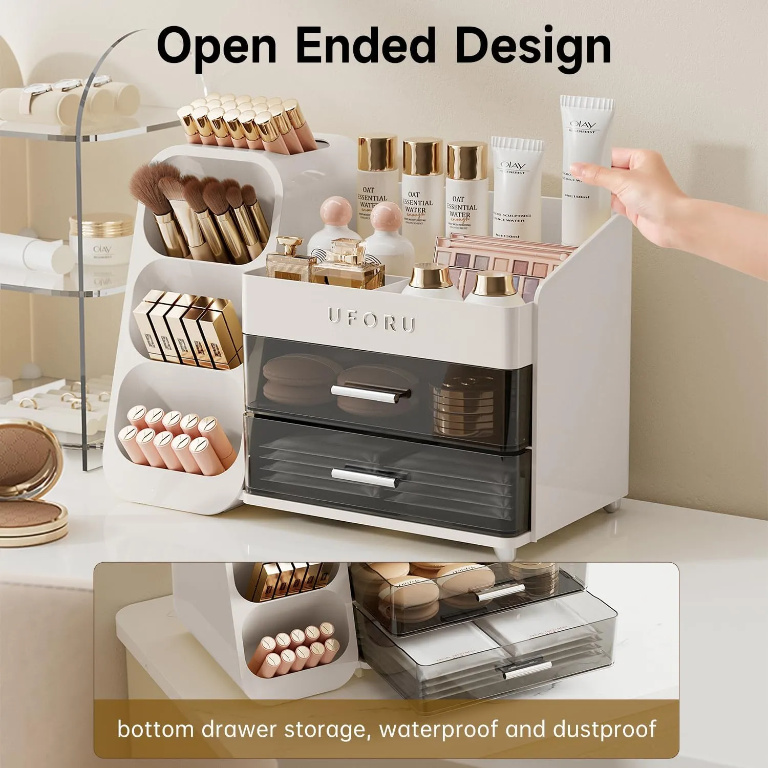 Makeup Organizer for Vanity, Countertop Organizer With Drawers, Spacious Cosmetic Display Case for Beauty Essential, Skincare, Lipstick, White
