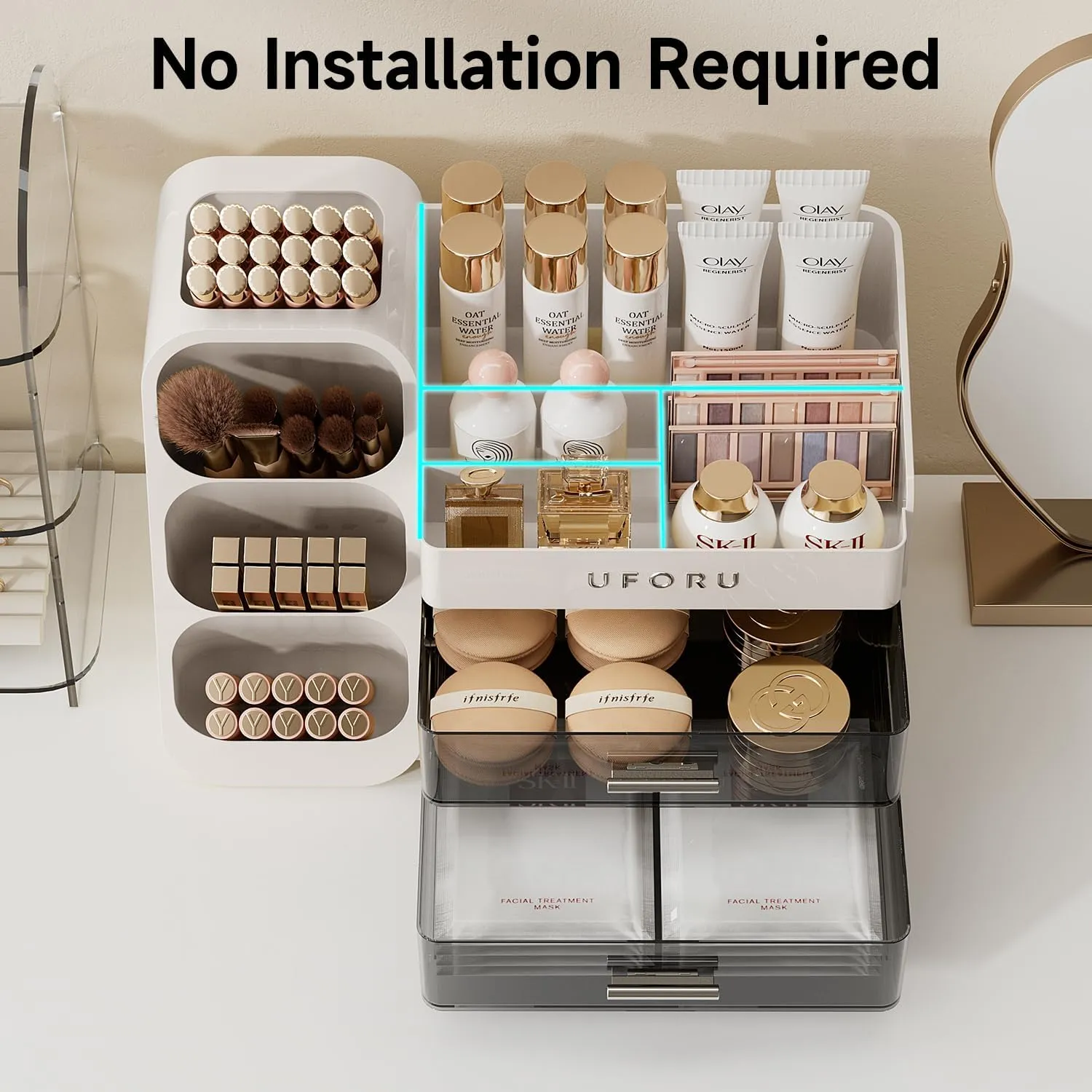 Makeup Organizer for Vanity, Countertop Organizer With Drawers, Spacious Cosmetic Display Case for Beauty Essential, Skincare, Lipstick, White