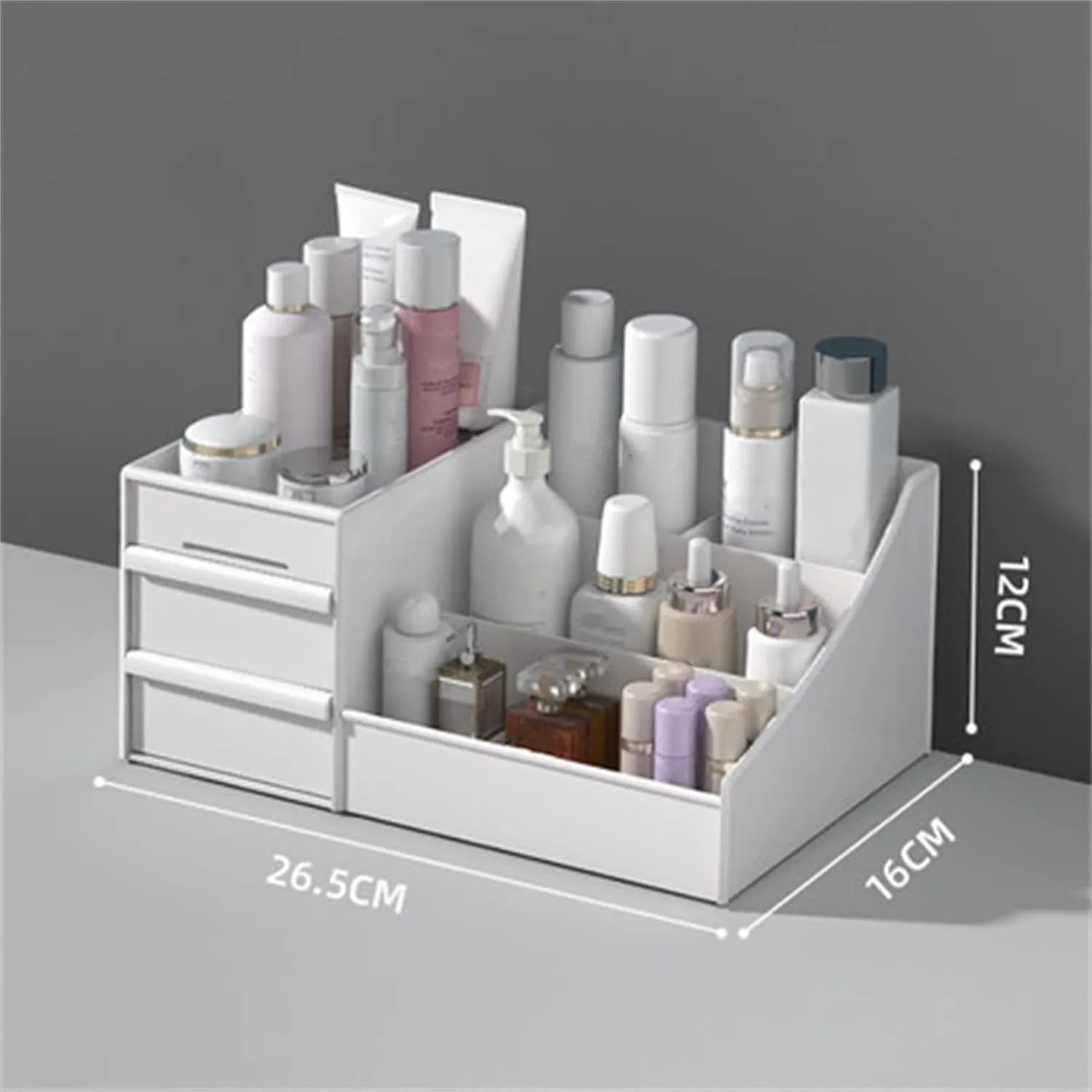 Makeup Organizer for Vanity, Large Cosmetic Desk Storage Box with Drawers Countertop Organizer for Brushes, Lotions, Lipstick, Perfume (26.5 * 16 * 12cm)