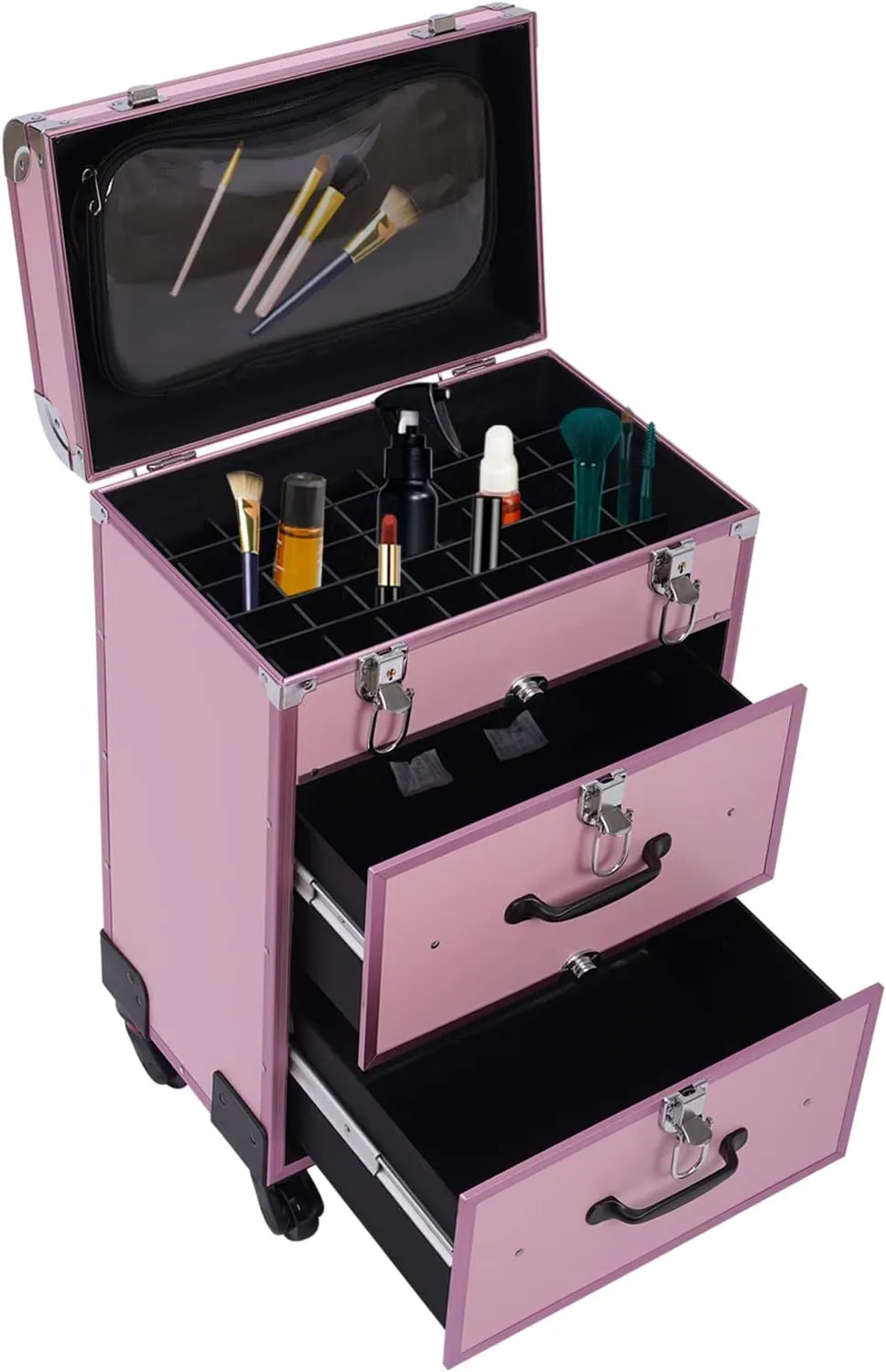 Makeup Train Case, Professional Rolling Makeup Case Cosmetic Trolley with Dividers, Nail Polish Organizer, Jewelry Travel Cosmetic Train Case w/ 4 Wheels and Locks (Pink)
