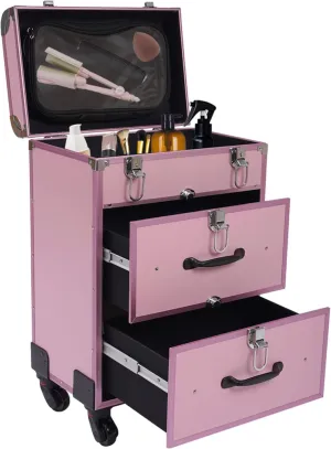 Makeup Train Case, Professional Rolling Makeup Case Cosmetic Trolley with Dividers, Nail Polish Organizer, Jewelry Travel Cosmetic Train Case w/ 4 Wheels and Locks (Pink)
