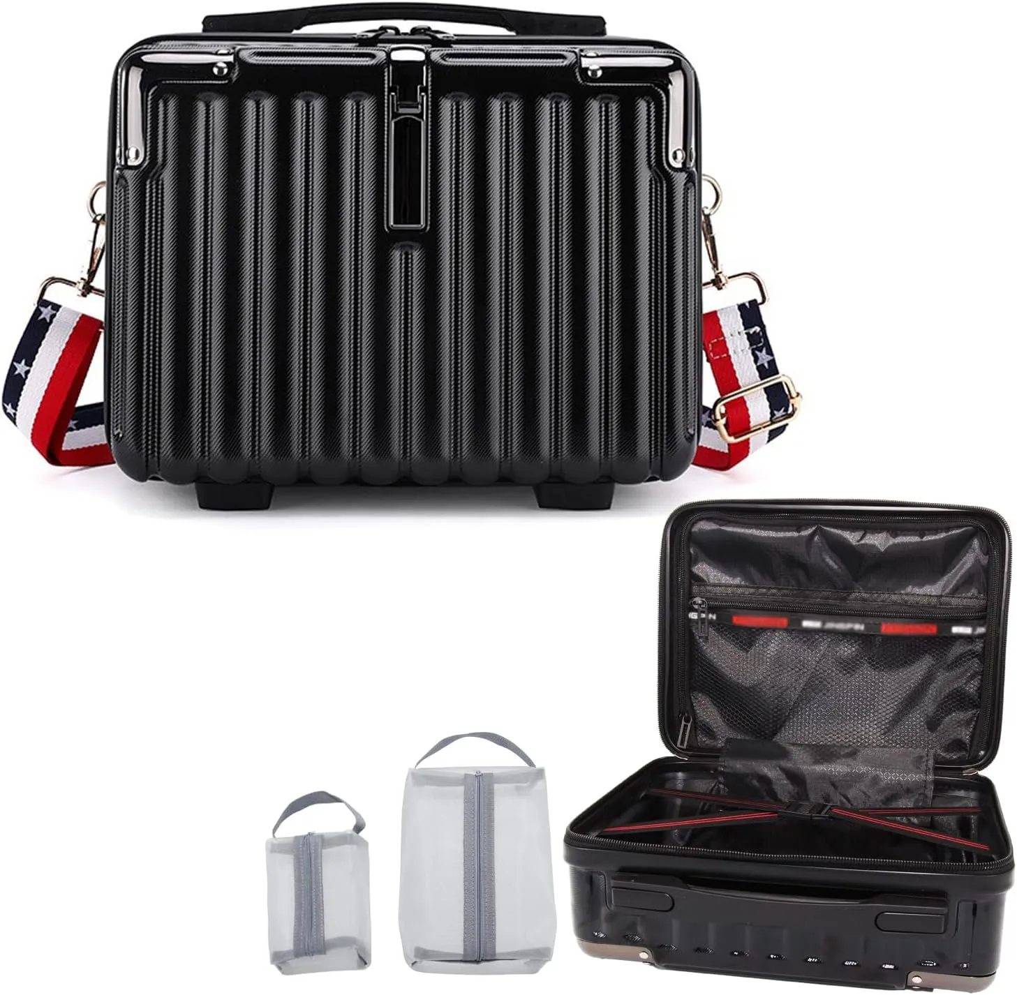 Makeup Travel Case, Hard Shell Cosmetic Case Organizer, Portable Cosmetic Bag, Mini Makeup Luggage with Shoulder Strap, ABS Surface, Zipper, Large Capacity, Black